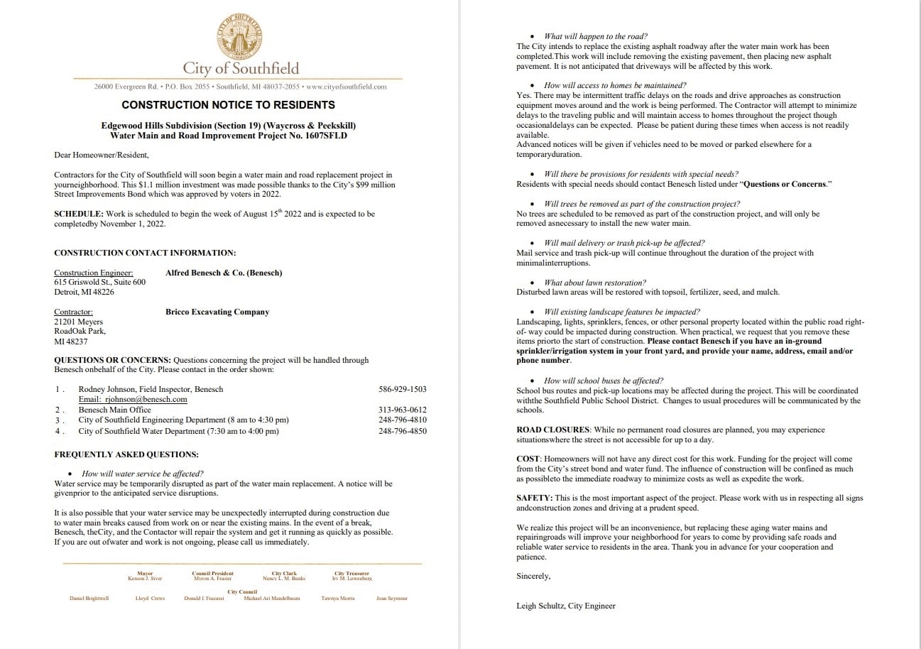 USA Michigan City of Southfield utility water and construction shut off notice, Word and PDF template, 3 pages 1 2